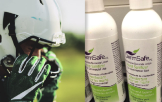 collage picture of DermSafe hand sanitizer and a football player