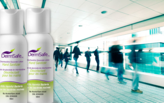 image of people on train station in Mexico and dermsafe hand sanitizer