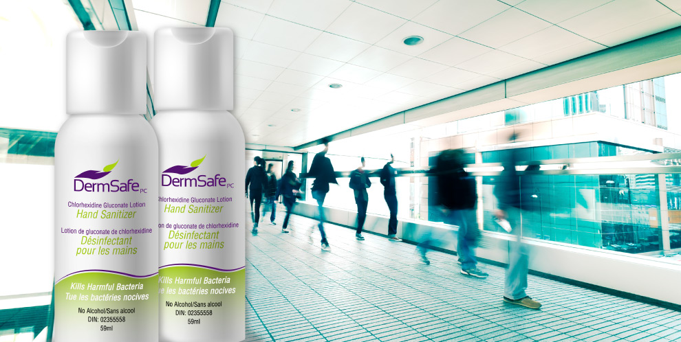 image of people on train station in Mexico and dermsafe hand sanitizer