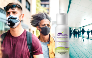 image of mexico city people with masks and a hand sanitizer dermsafe