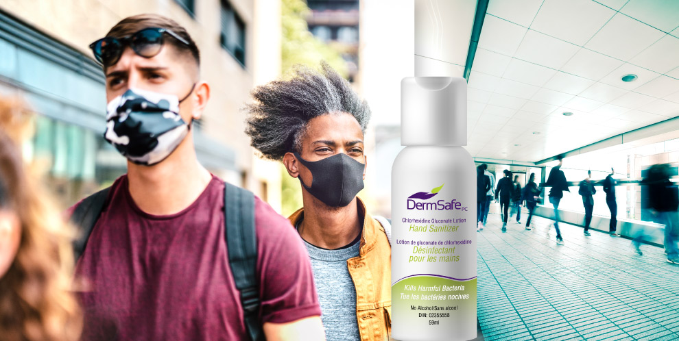 image of mexico city people with masks and a hand sanitizer dermsafe